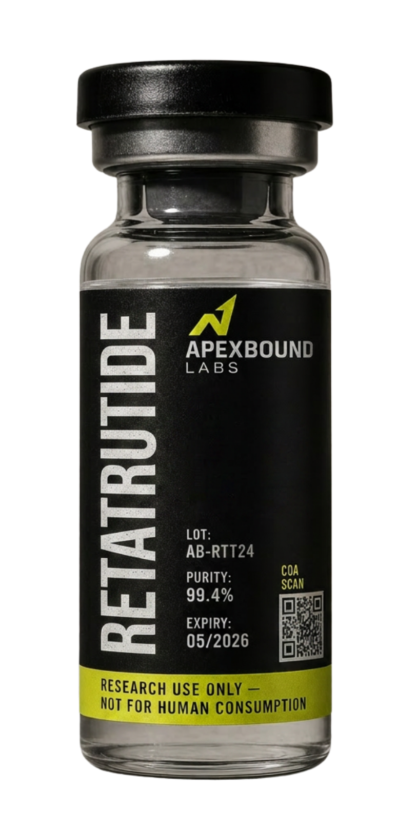 Apexbound Labs Retatrutide research vial with lot-specific Certificate of Analysis